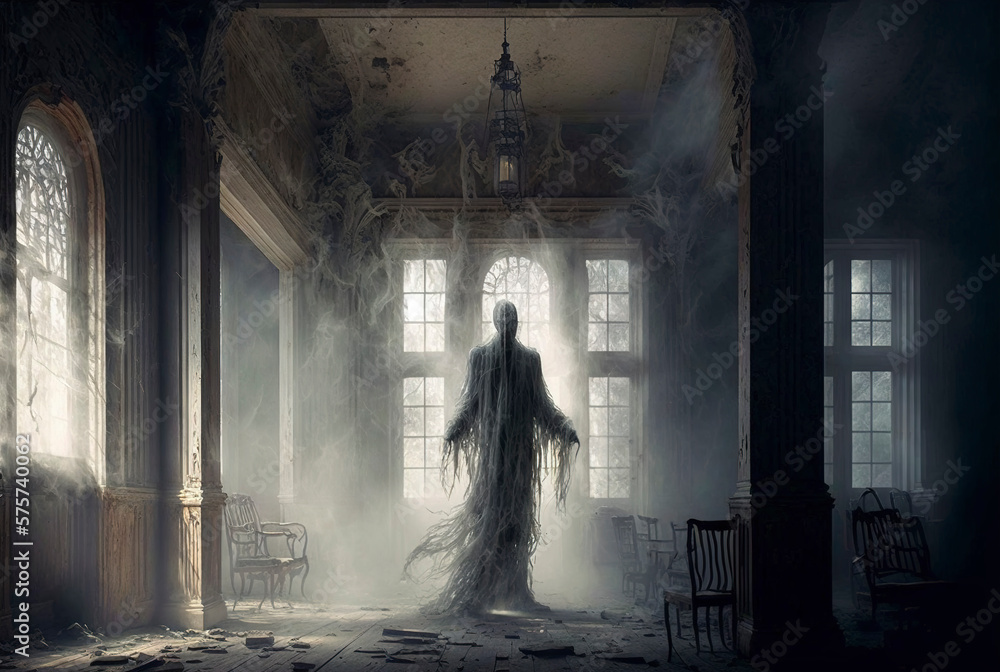 Ghostly figure haunting a decrepit mansion, ghost in the castle, generative AI