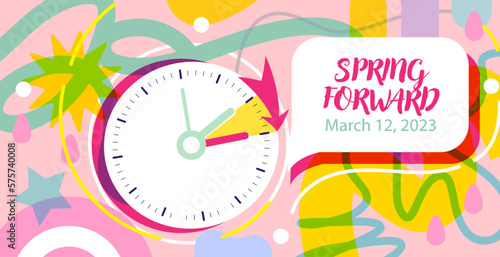 Daylight Saving Time Begins banner in modern trendy abstract style. Spring Forward 2023 Reminder guide with clocks changing one hour ahead. Vector illustration with day and date march 12