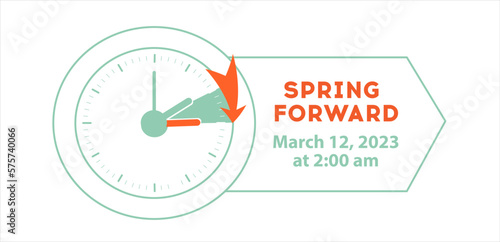 Spring Forward web banner. Daylight Saving Time schedule in graphic style. Clock change one hour ahead to to summertime