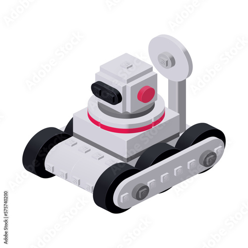 Gray robot all-terrain vehicle for the exploration of the planets assembled from bricks. Vector clipart