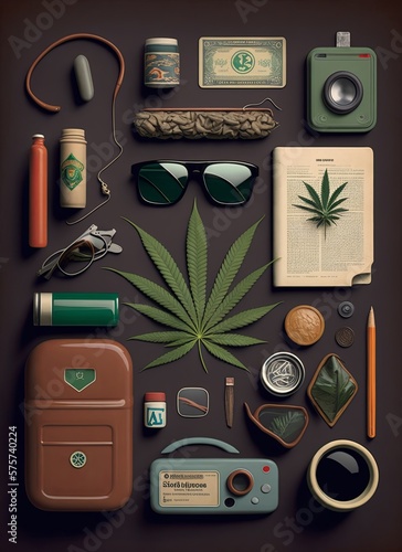 Top view of medical marijuana items. Vertical image, minimalistic, flat lay, overhead view, copy space. Generative AI. photo