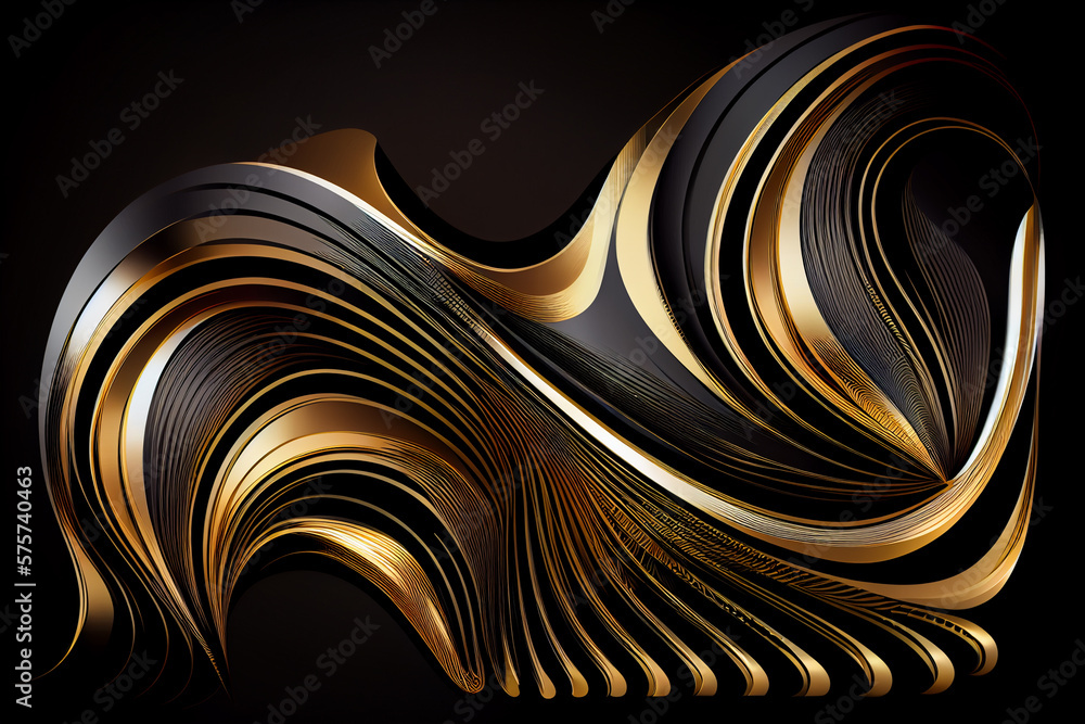 Wave shape background motif for print and design in black gold.generative ai