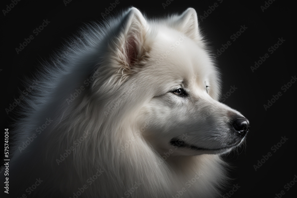 Portrait of a Samoyed dog in front of dark background. Generative AI Portrait of a Samoyed dog in front of dark background. Generative AI
