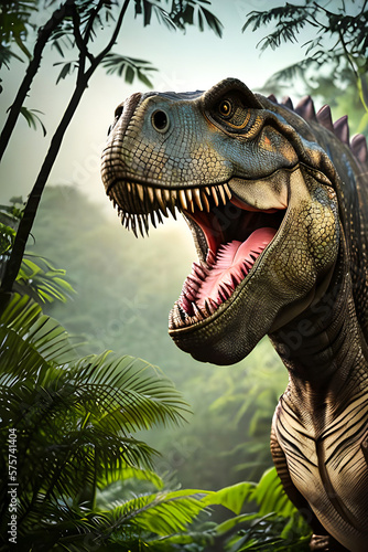 T-rex dinosaur predator in jungle   prehistoric monster animal.Generative AI