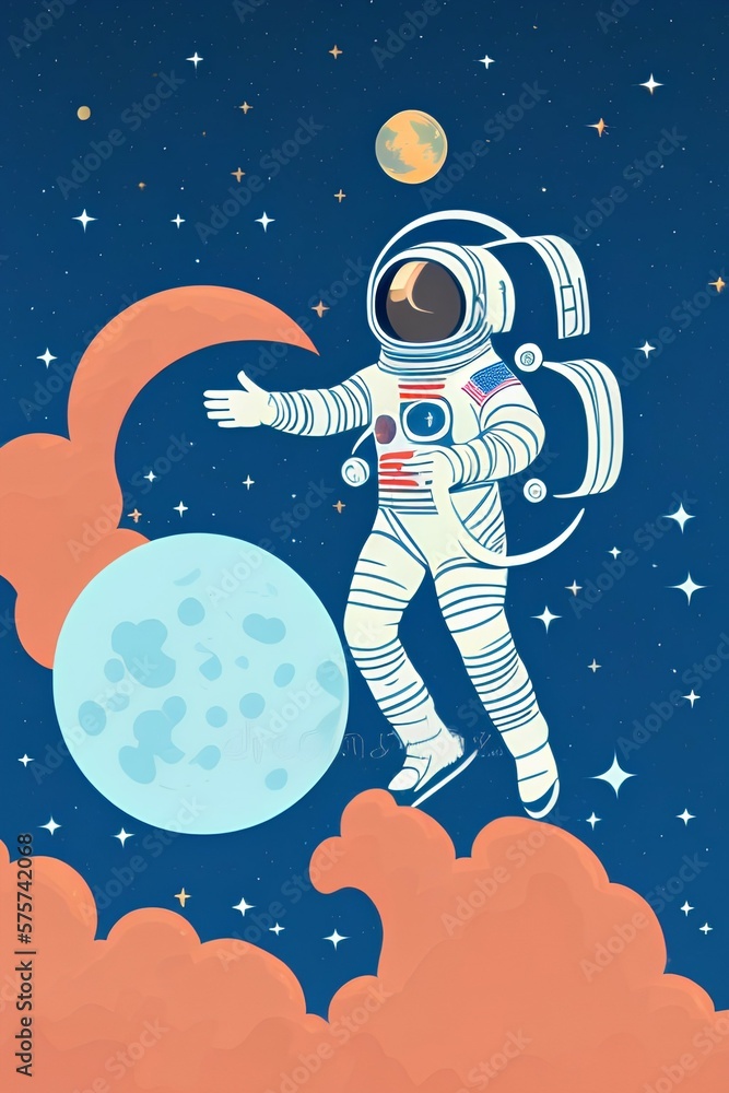 Fototapeta premium Astronaut waving at the Moon in outer space. Universe. vector illustration - generative ai