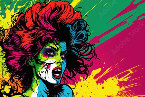 Colorful Pop Art Attractive Female Zombie  generative ai