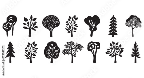 Collection of vector tree motifs for rustic forest illustration. Clip art of woodland hand drawn quirky art. 
