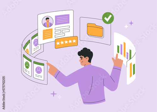 Recruitment agency, hiring employees. Hr manager selects the best candidate for job vacancy. CV, resume analysis. Hand drawn vector illustration isolated on purple background, flat cartoon style