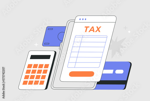 Concept tax payment. Budget analysis, financial report, calculation of tax return. Payment of debt. Hand drawn color vector illustration, isolated on light background, modern flat cartoon style