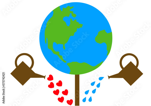 Earth day poster, Globe growing like a tree isolated on white background being watered cans with water dropsa and love hearts