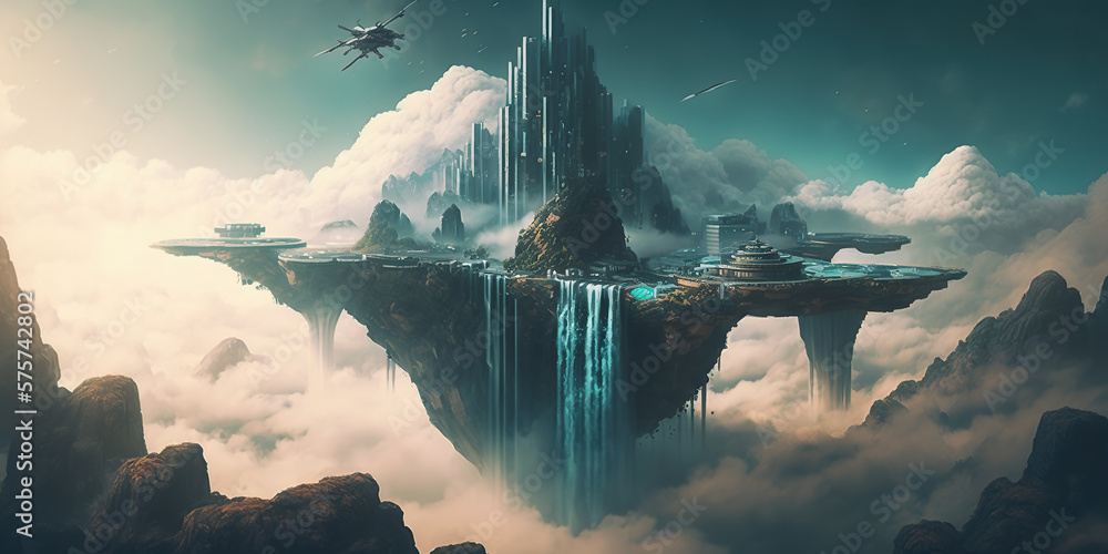 aerial view of a cyberpunk city floating among dense clouds. Fantasy