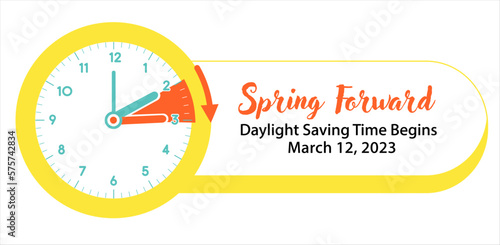 Spring Forward web banner. Daylight Saving Time schedule in graphic style. Clock change one hour ahead to to summertime