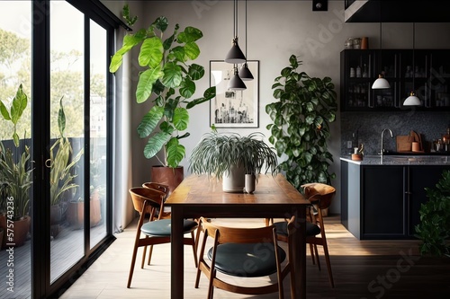 Modern home s patio doors with dining set and plant. Photo generative AI