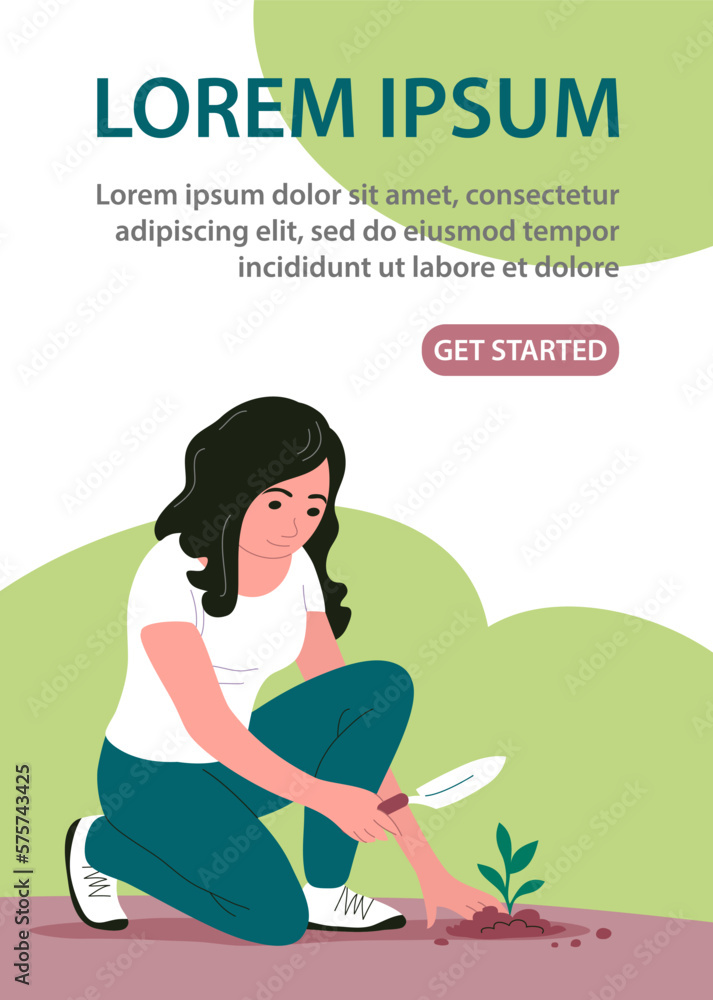 The girl planted a young seedling in the ground. In the hand a garden scoop. Gardening outdoors. Caring for nature and ecology. Design for poster, banner, website. Vector cartoon illustration The girl planted a young seedling in the ground. In the hand a garden scoop. Gardening outdoors. Caring for nature and ecology. Design for poster, banner, website. Vector cartoon illustration