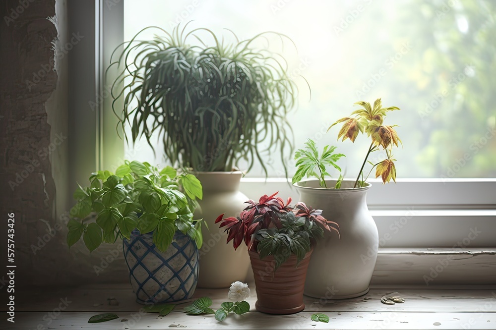 Flowers in a Pot on Window Sill. Photo generative AI