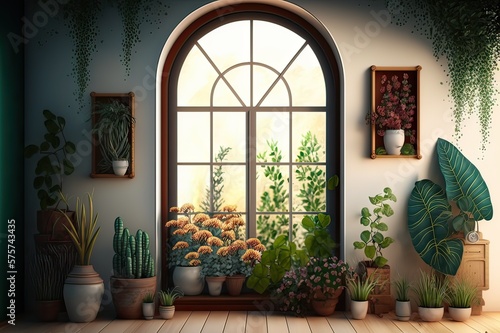 Green Plants and Flowers in Window. Photo generative AI © pixardi