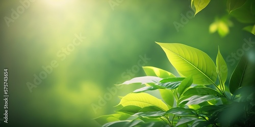 background with bright green leaves on a blurred backlit background, generative AI