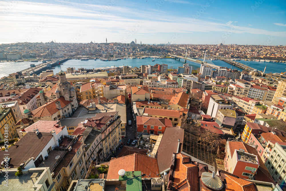 Istanbul skyline from Galata Tower. Karakoy district and Golden Horn view
