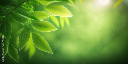 background with bright green leaves on a blurred backlit background  generative AI