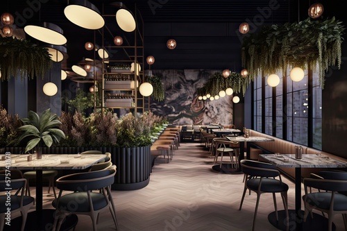 Luxurious Restaurant Interior with Tables, Chairs, Lights, and Plants. Photo generative AI