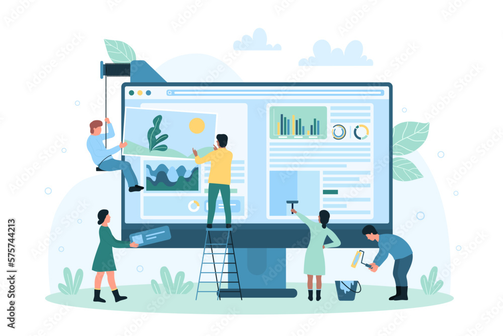 Web design vector illustration. Cartoon tiny people create digital interface of homepage, UI and UX designers work online with website editor application on screen, characters edit data and content - obrazy, fototapety, plakaty 