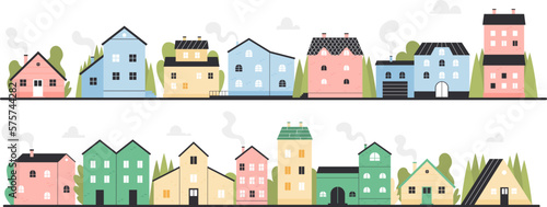 City street with buildings, residential area vector illustration. Cartoon urban landscape of town or village with houses and trees in row, front view of cottages exterior with door and windows