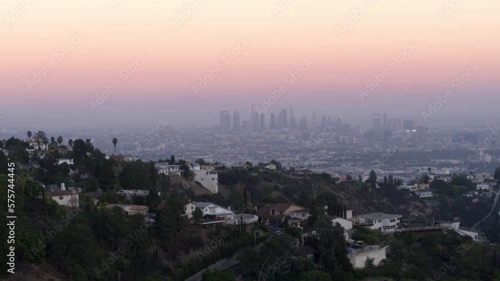 Aerial Panning Beautiful View Of Skyscrapers In Modern City Against Sky, Drone Flying During Tranquil Sunset - Los Angeles, California Aerial Panning Beautiful View Of Skyscrapers In Modern City Against Sky, Drone Flying During Tranquil Sunset - Los Angeles, California