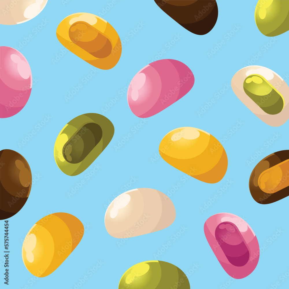 Cute mochi background. Seamless vector pattern for paper, wrapping, fabrics. cartoon flat design illustration art pastel colors on colorful background template.