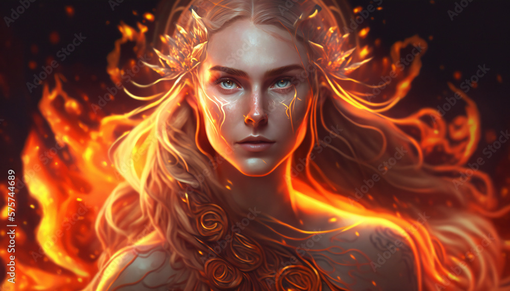 Freyja the god of love, sex, and fertility - in fire - German gods - Mythologies - Generative AI	
