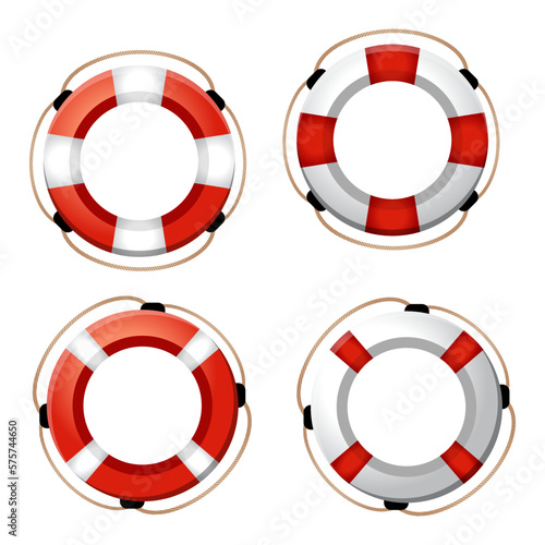 Set of Striped Red and White Lifebuoys With Rope Around, 3d rescue life belt illustrations. Vector Icon. Flat Cartoon Illustration, Clipart.