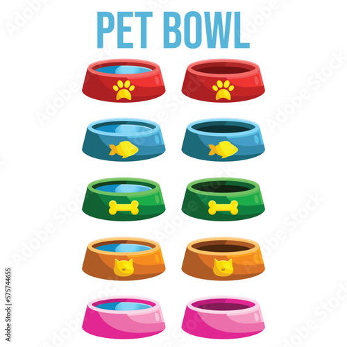 Cat and dog food pet bowl. Cute Cartoon vector illustration pet feed containers, bowl or plate . Home animals wet and dry food meal. Round, bones, square kibble.