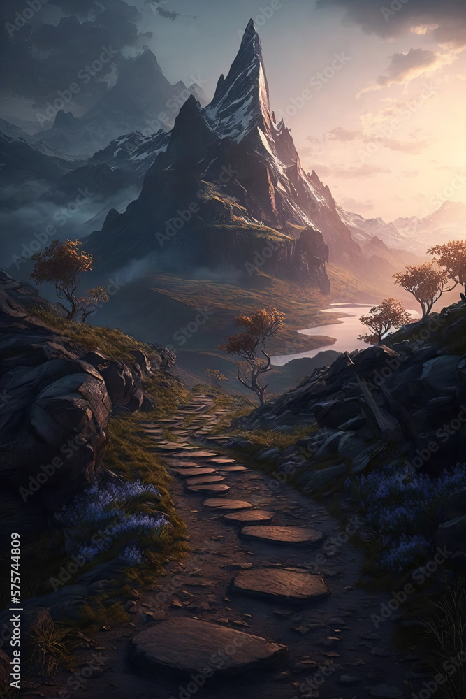 Fantasy landscape with mountain peaks and lake. Generative AI