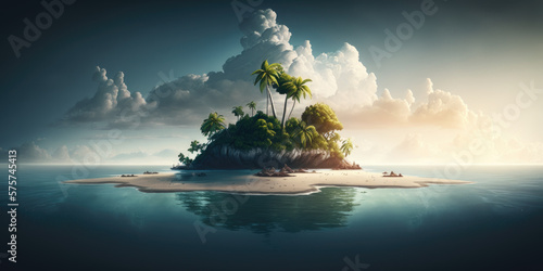 Isolated Island with Blue Sky and Sea around. Clouds and Sunlight. Generative AI. © Natalie