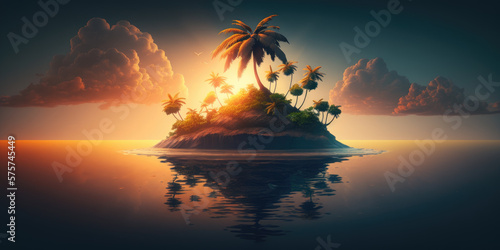 Isolated Island. Palm Tree against the Sunset. Generative AI.