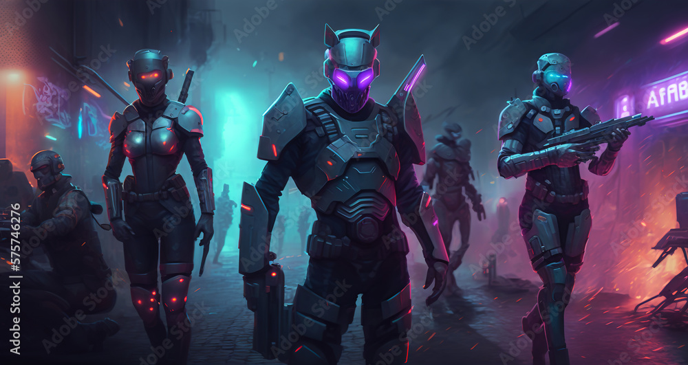 hero, game character, cyberpunk, team of heroes fighting invasion hero, game character, cyberpunk, team of heroes fighting invasion
