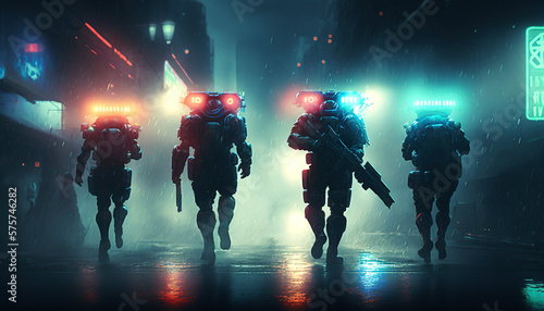 cyberpunk, team of heroes fighting invasion © Jacques Evangelista