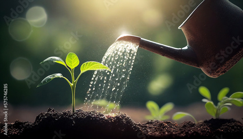 Water can watering seedling growing step in garden with sunshine. Concept of business growth, profit, development and success. Start-up business. Created with Generative AI.	
