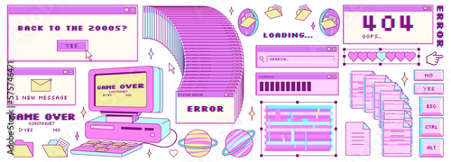 Big sticker set in trendy y2k style. Old computer aestethic. Retro pc elements, user interface. Nostalgia for 1990s -2000s. Glitch effect elements. Vector illustrations.	
