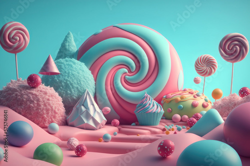 Magic sweet candyland. A lot of sweets. AI generative.