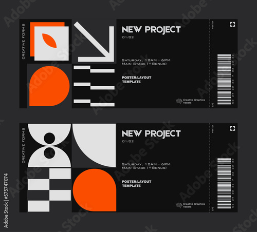 Ticket vector template layout with abstract  vector geometric shapes. Brutalism inspired graphics. Great for branding presentation, poster, cover, art, tickets, prints, etc.
