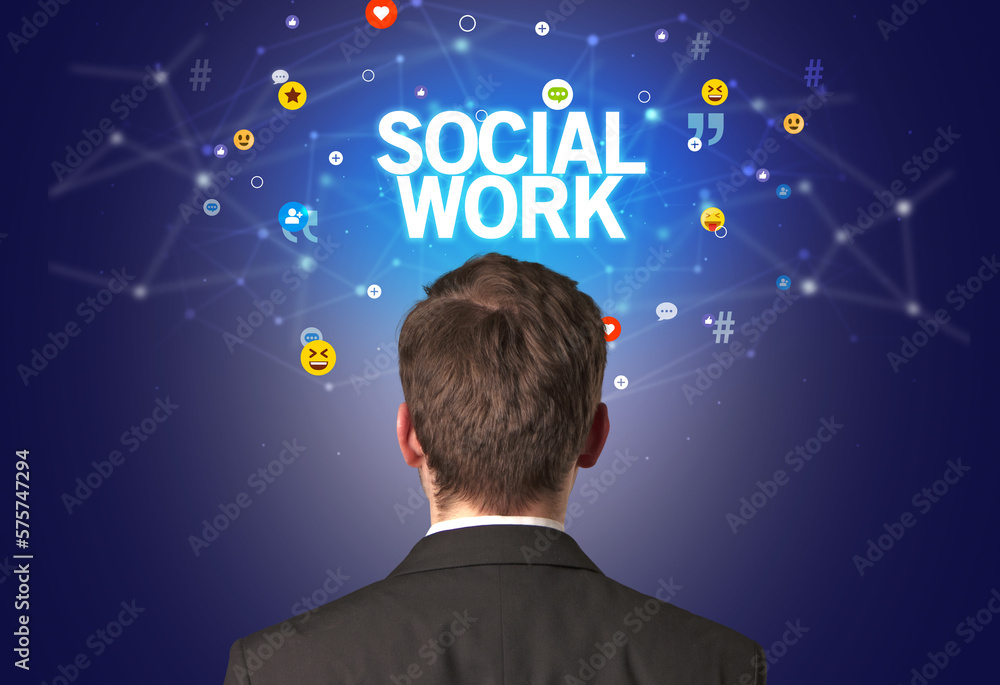 Rear view of a businessman, social media concept Rear view of a businessman, social media concept