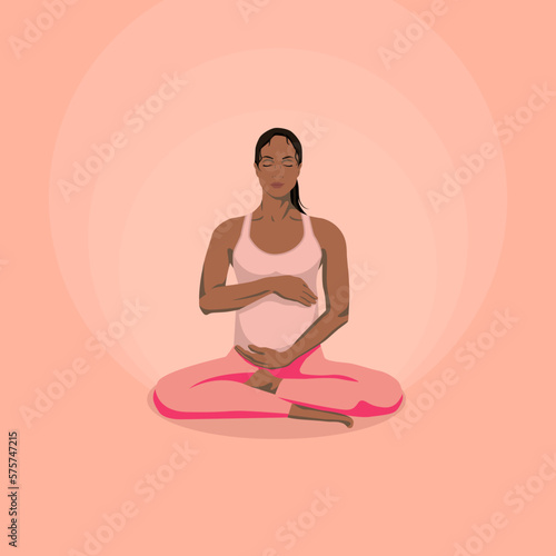 Illustration pregnant brunette woman doing yoga on a pink background with shining