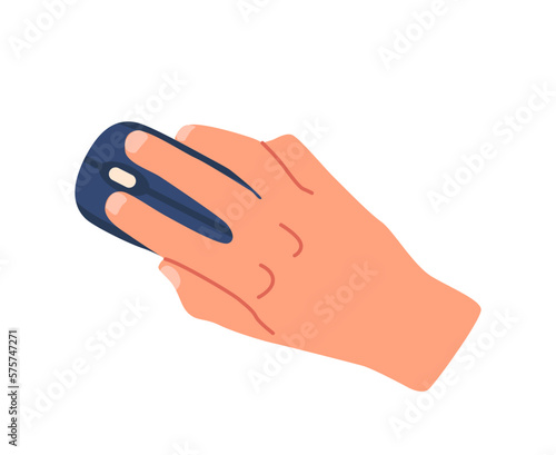 Human Hand Hold Computer Mouse In Relaxed And Natural Manner. Concept Of Technology, Computer Use