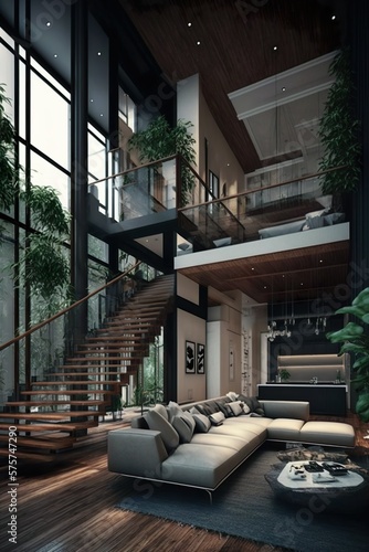 living room with furniture  an interior mansions with plants and greenery