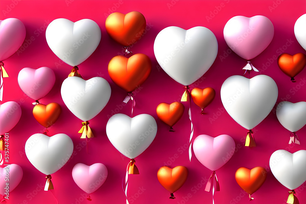 Valentine's day wall design, heart shaped balloons on the deep pink wall. Generative AI