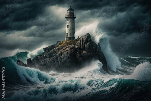 A solitary lighthouse standing tall on a rocky cliff, with crashing waves and stormy skies in the background, giving a sense of rugged beauty and isolation, National geographic, sea, ocean, storm, 