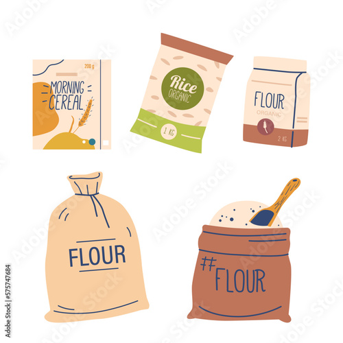 Set Of Cereal Boxes, Bags And Pouches In Different Shapes And Colors. Packaging With Breakfast Cereal Products