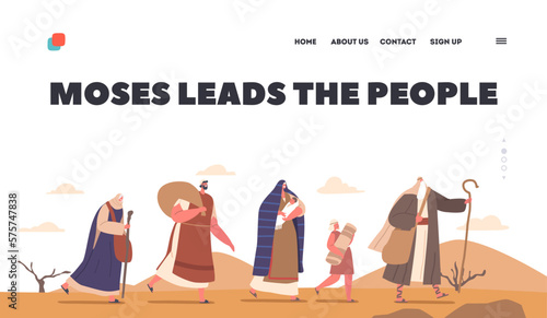Moses Leads the People Landing Page Template. Biblical Prophet Guides Israelites Through Desert Vector Illustration