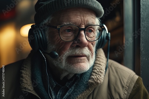 Elderly Man with Headphones and Cap