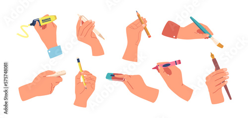 Set Of Human Hands Holding Various Writing Tools Such As Pencil, Pen, Crayon Or Marker, Quill Pen, Brush Or Eraser